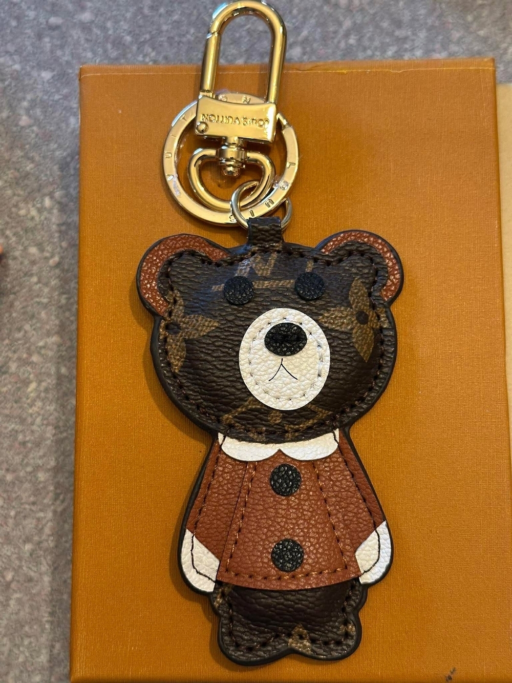 Brown Monogram Teddy Bear Key Charm with Gold Hardware